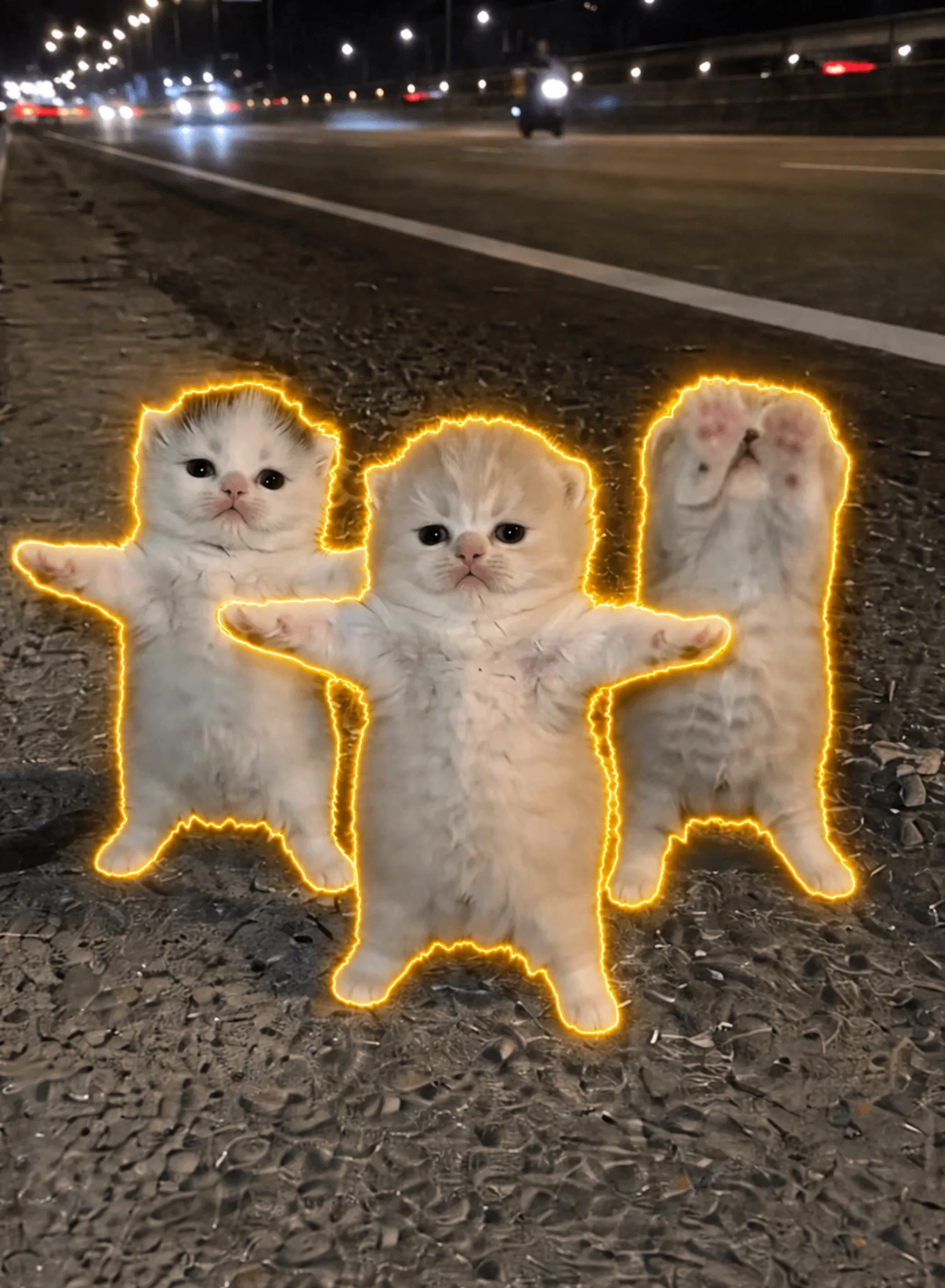 Three tiny kittens dancing by the road